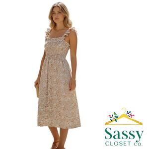 Hippie Rose Floral Smocked Midi Dress Square Neck Raw Hem NWT Size Large